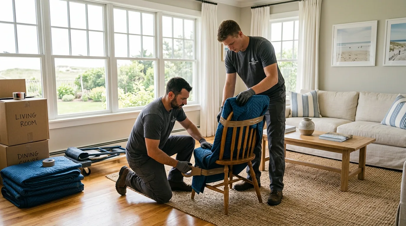 Movers wrapping a chair with blankets in a sunlit Montauk living room.