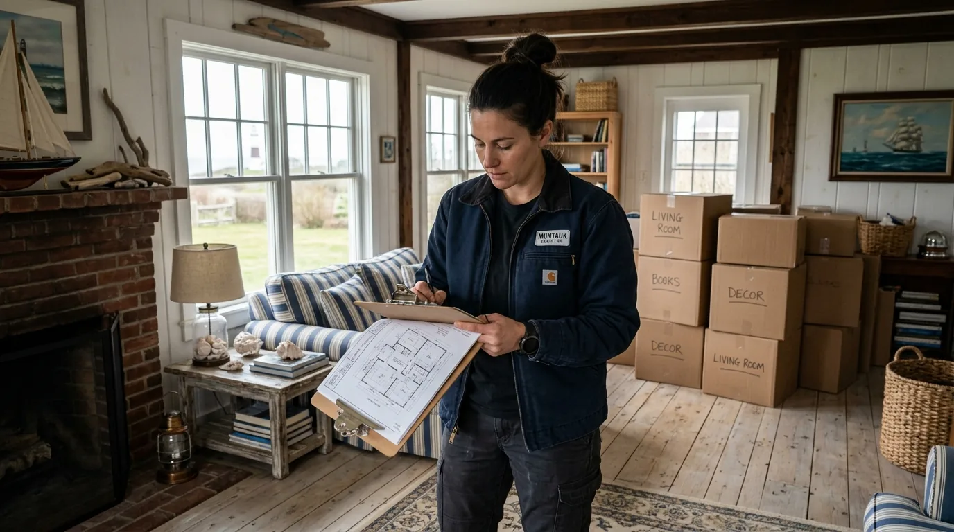Mover with clipboard planning a move inside a Montauk cottage living room.