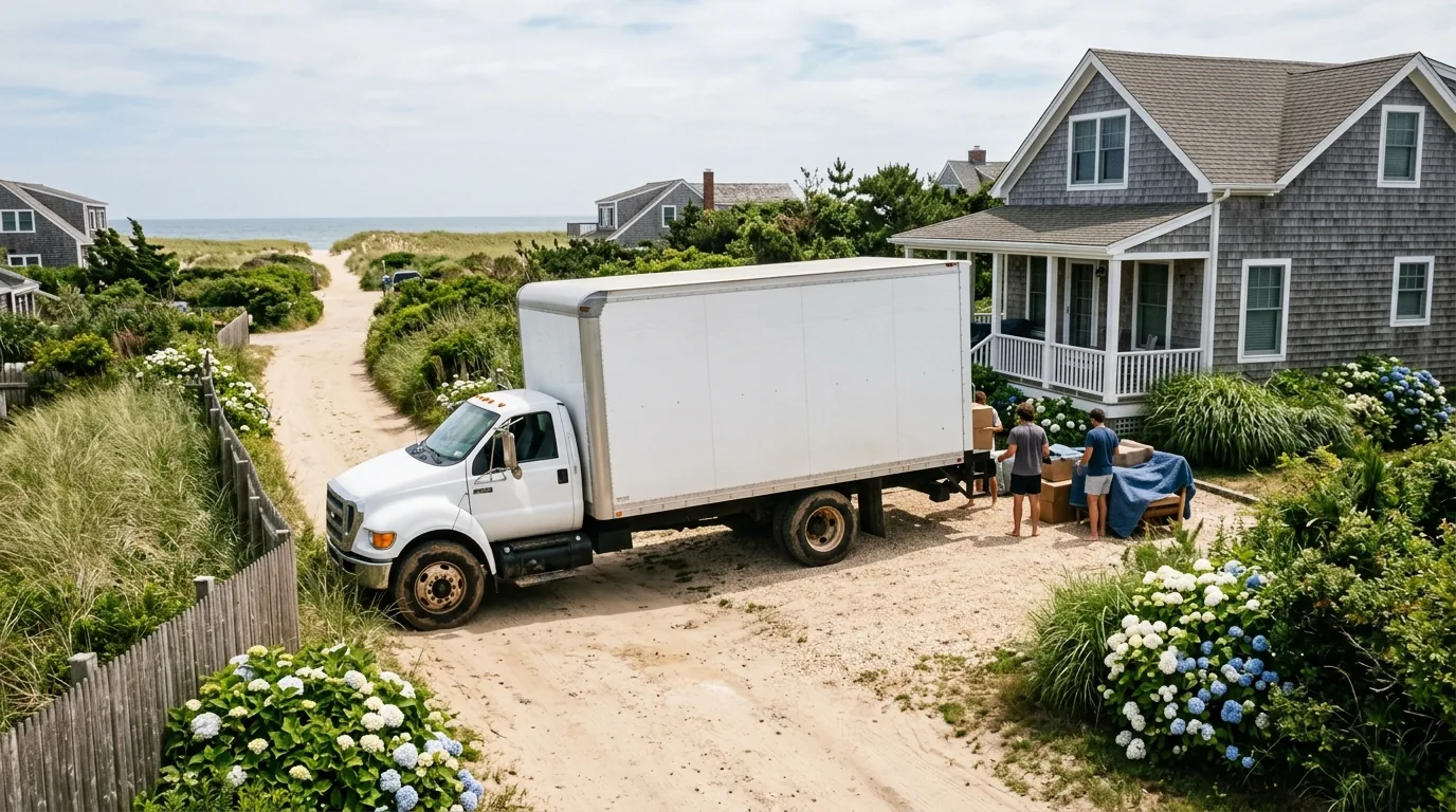 Unmarked moving truck parked in a sandy driveway by a Montauk beach house.