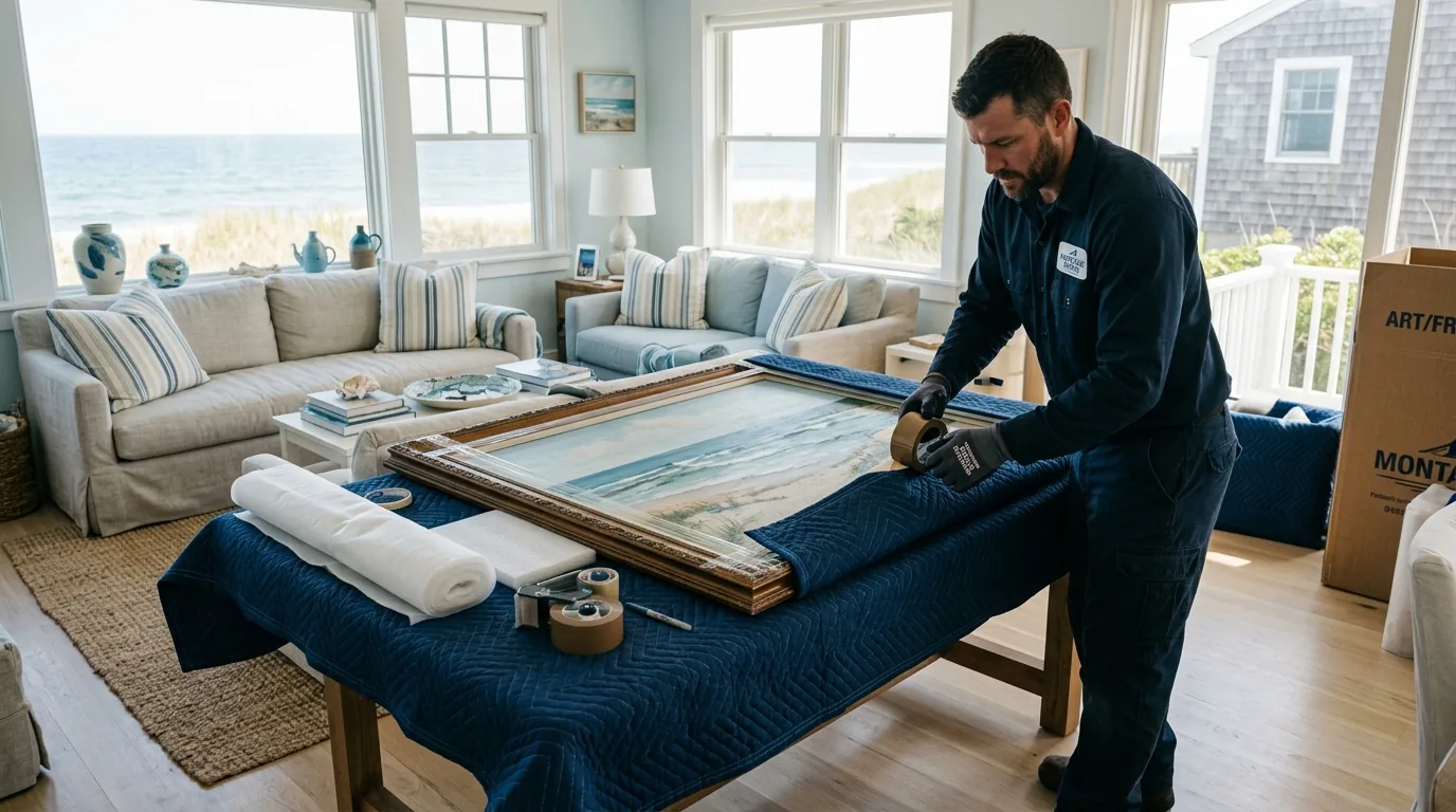 Mover wrapping framed art with blankets in a Montauk home.