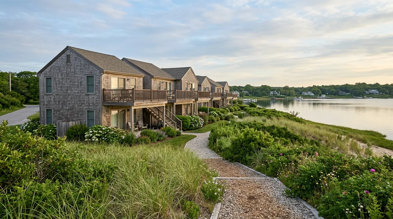 Montauk condos with cedar shingles and dune grass near Lake Montauk.
