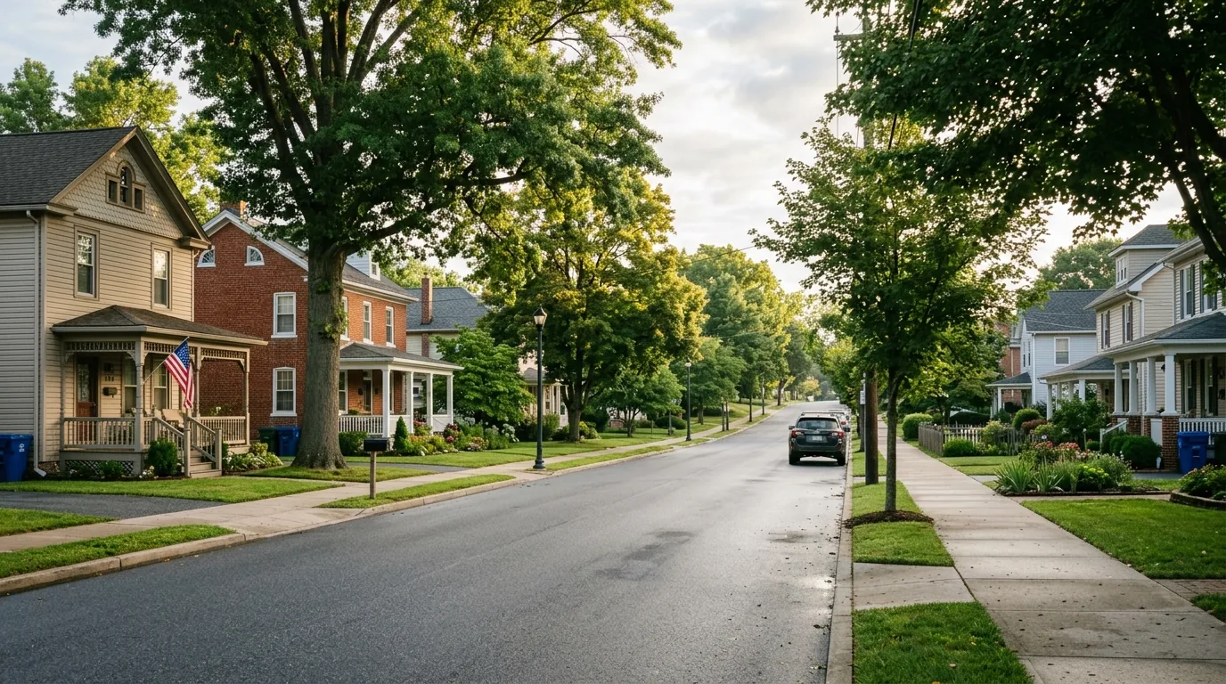 Tree-lined residential street in Palmyra, PA with older homes and morning light.