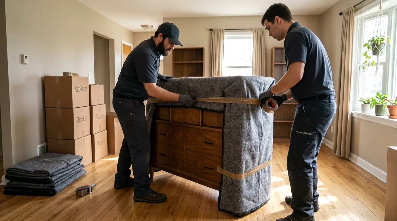 Movers wrapping a dresser with blankets and tape in a Palmyra living room.