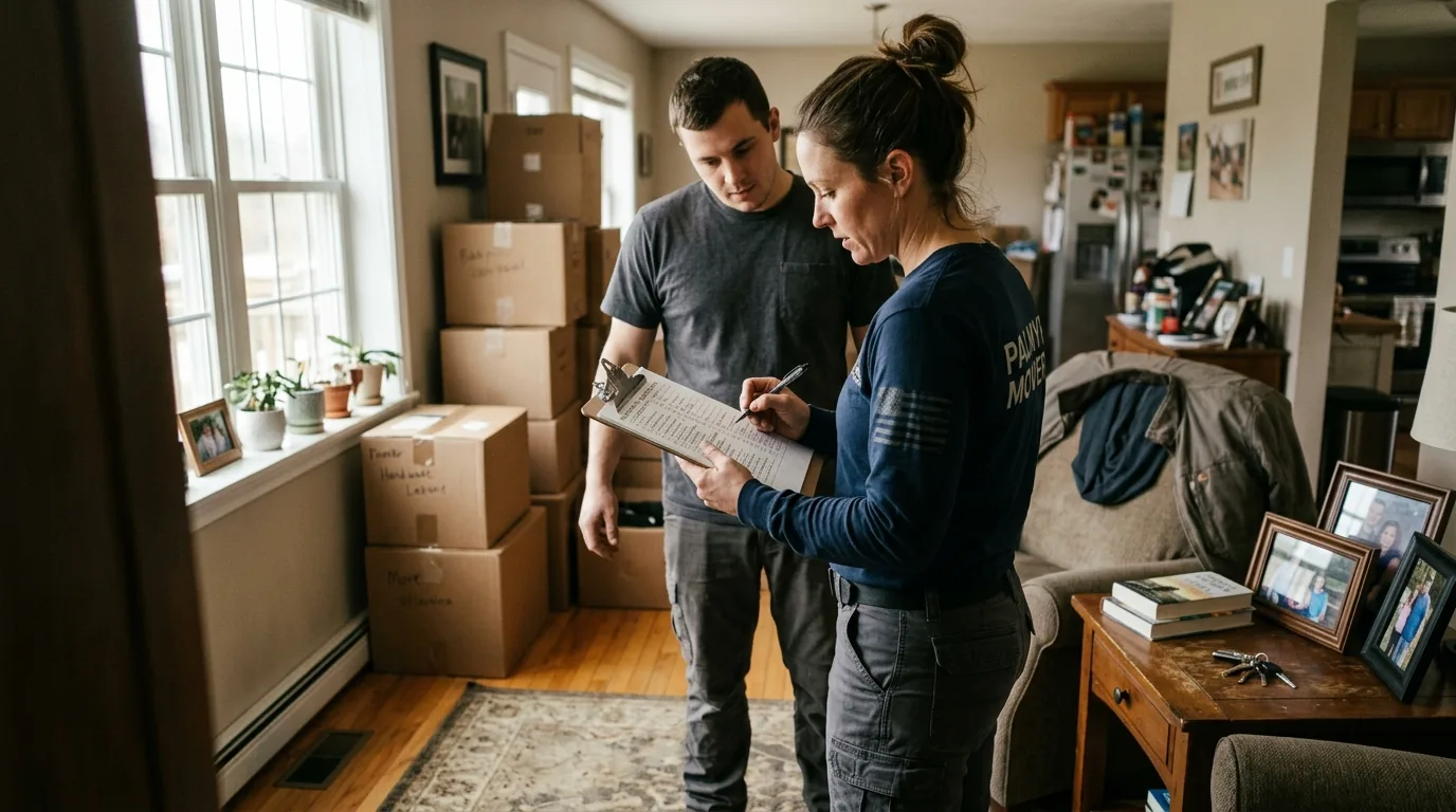 Mover with clipboard planning a move in a lived-in Palmyra home.