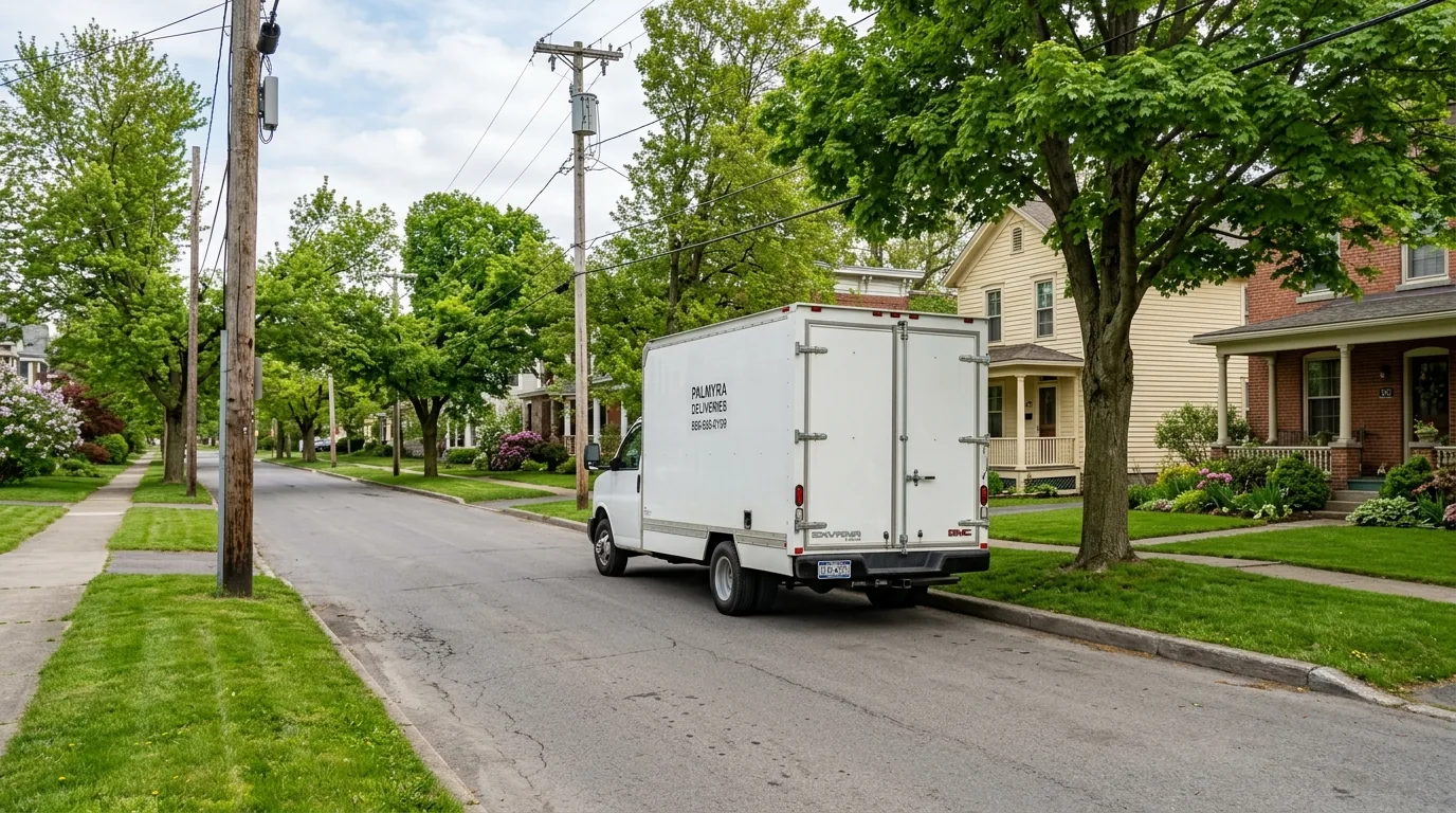 Moving truck parked on a wide residential street in Palmyra, PA.