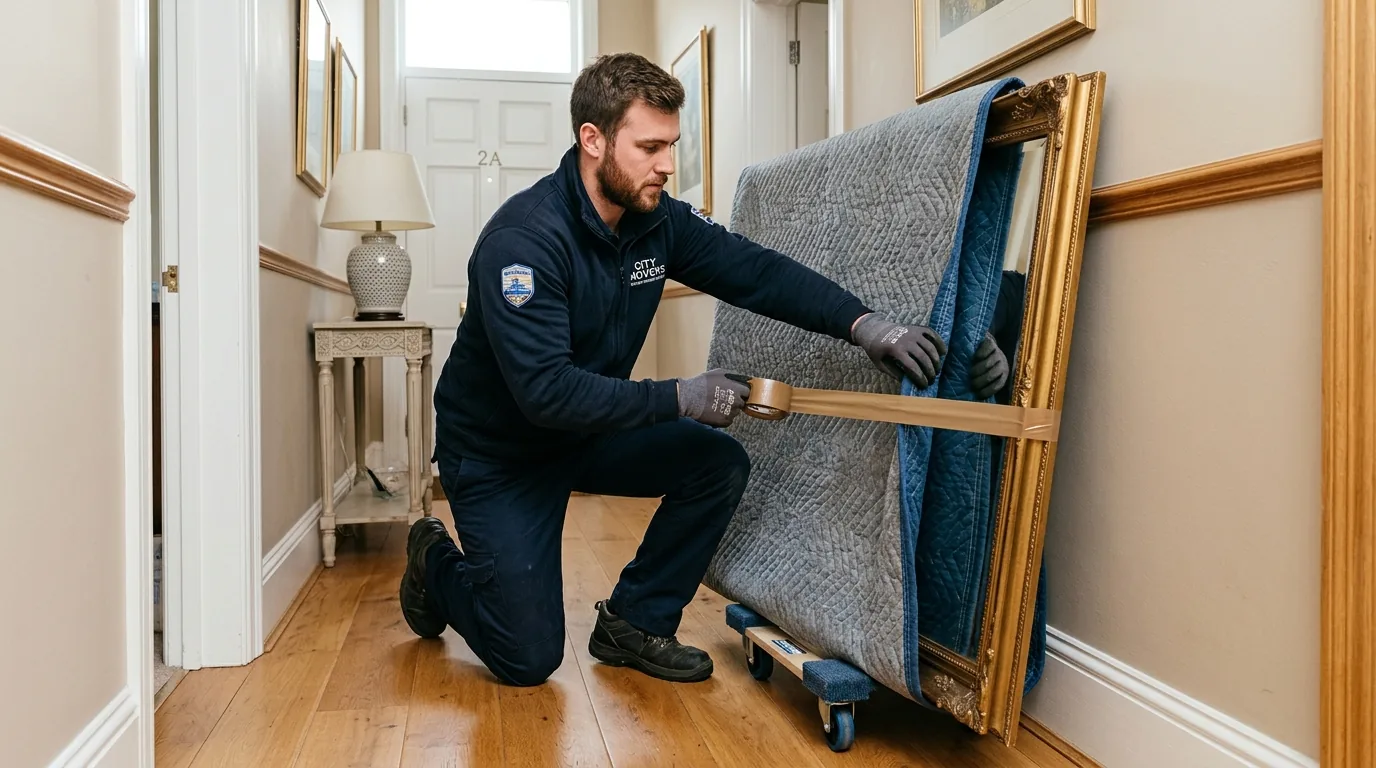 Mover wrapping a large mirror with a blanket in a Palmyra home hallway.