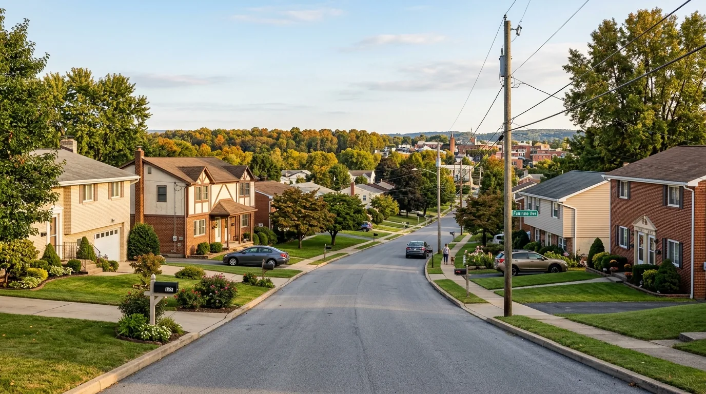 Split-level homes and duplexes on a quiet street near Palmyra, PA.
