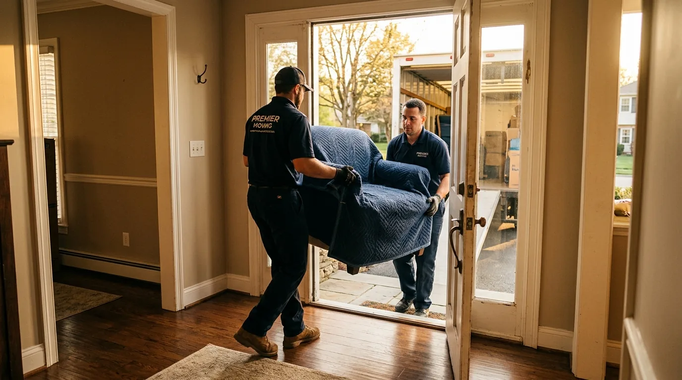 Movers carrying a wrapped chair out the door to a truck in Palmyra, PA.