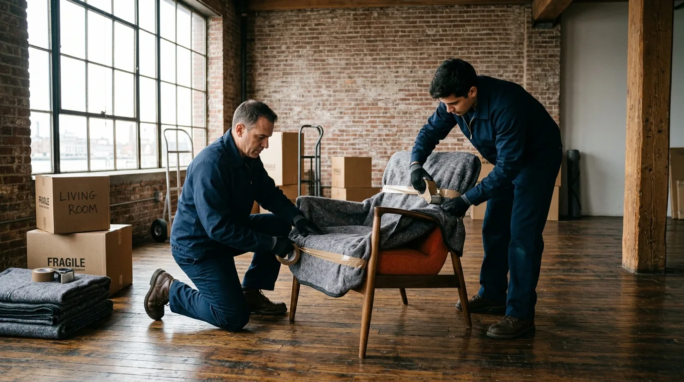 Movers wrapping a chair with blankets in a Red Hook loft apartment.