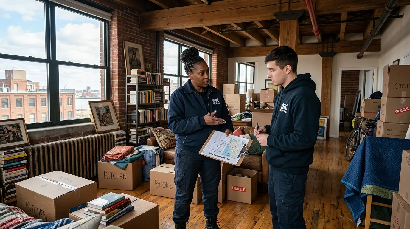 Crew lead with clipboard planning a move in a Red Hook apartment.