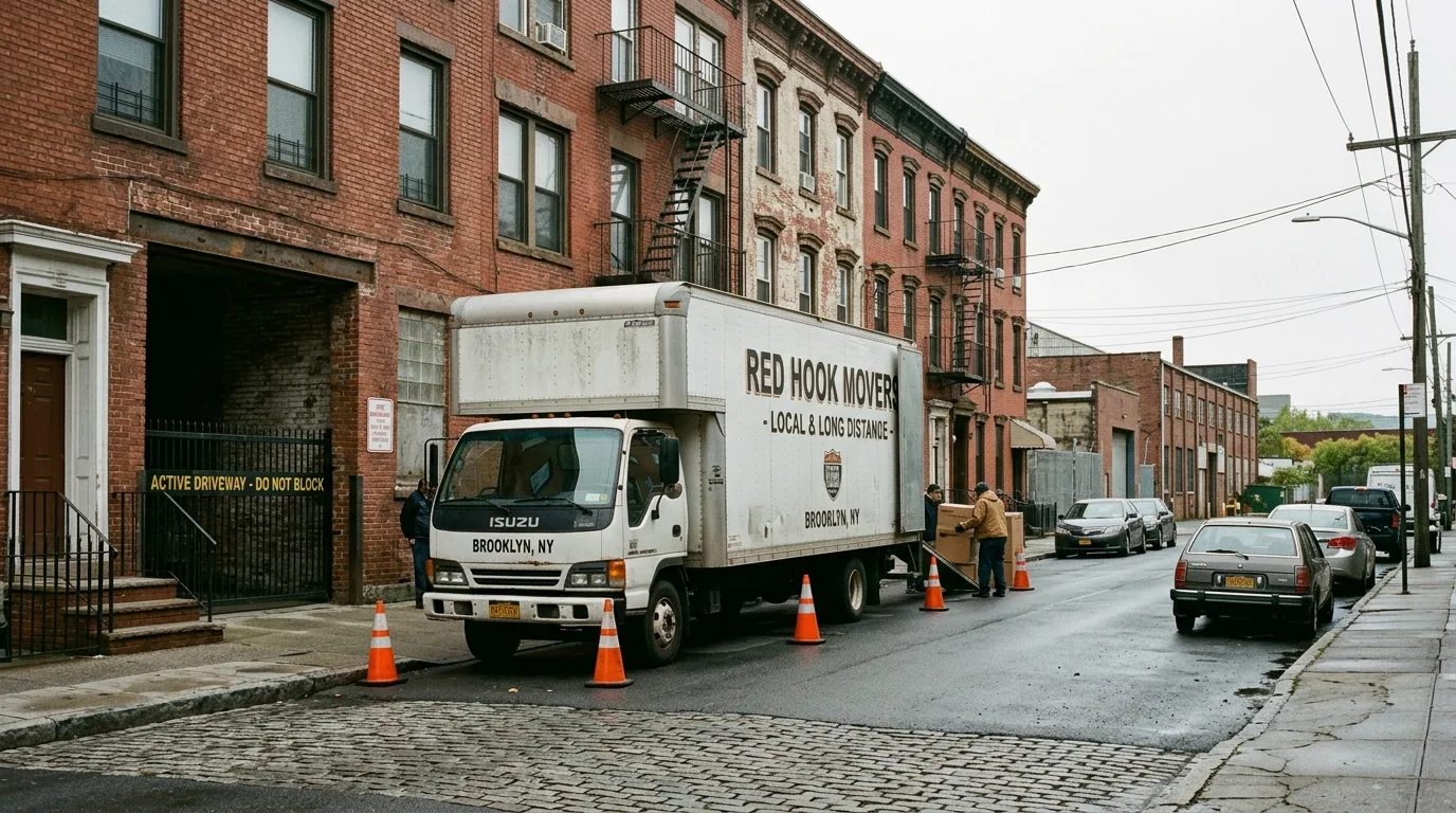 Moving truck parked on a narrow Red Hook street with industrial buildings.