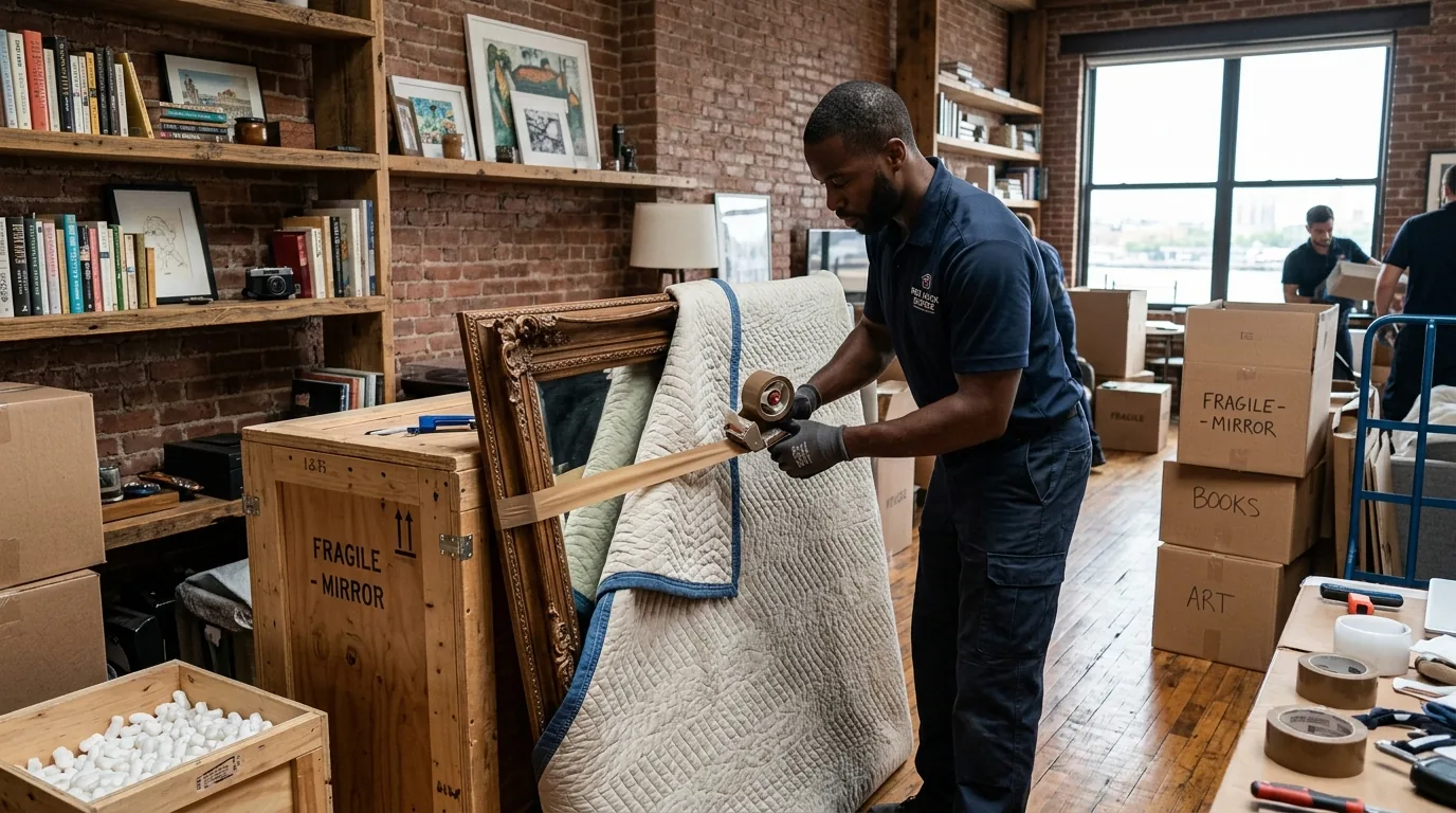 Mover wrapping a large mirror with blankets in a Red Hook loft.