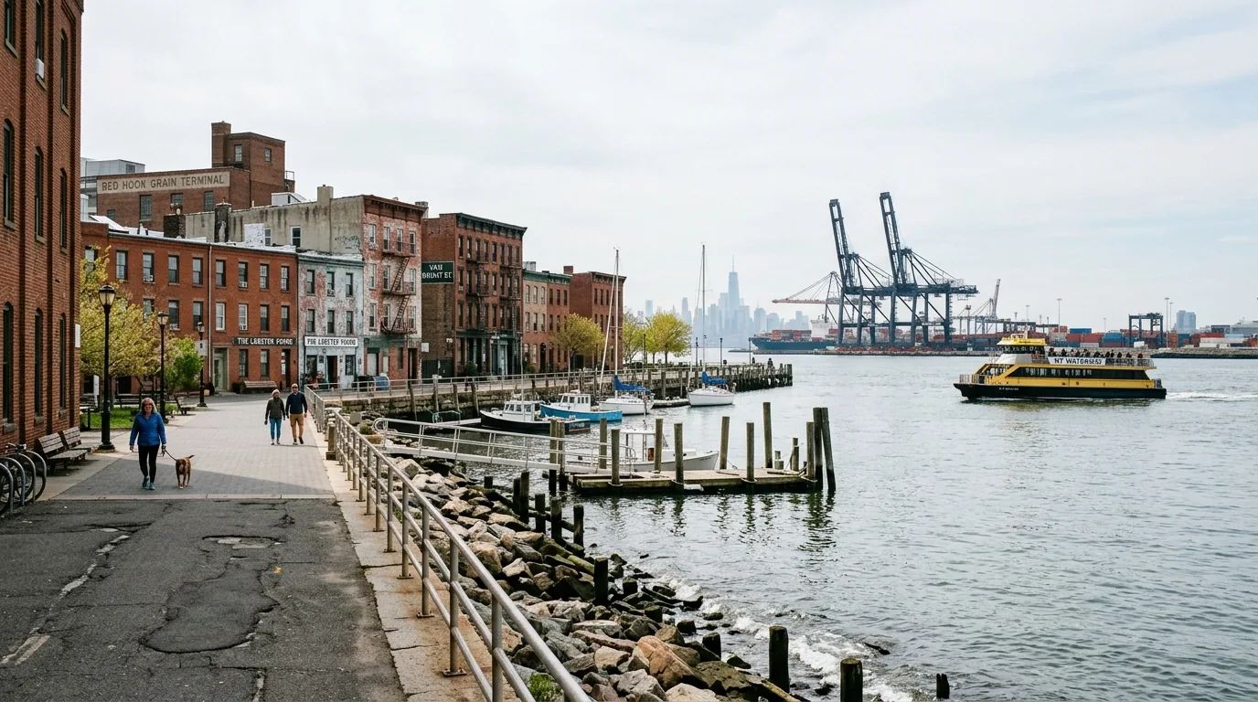 Red Hook waterfront with apartments, converted factories, and harbor view.