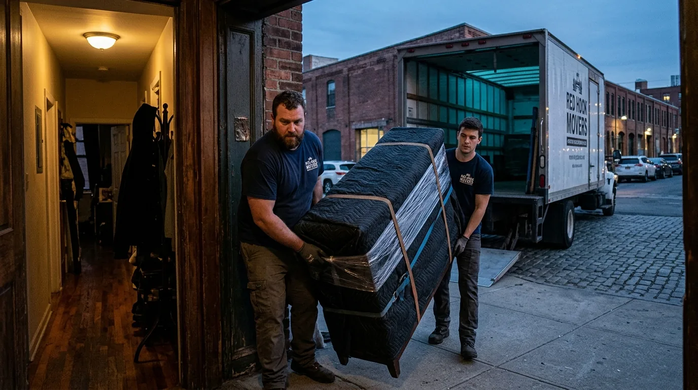 Movers carrying a wrapped dresser out of a Red Hook apartment toward a truck.