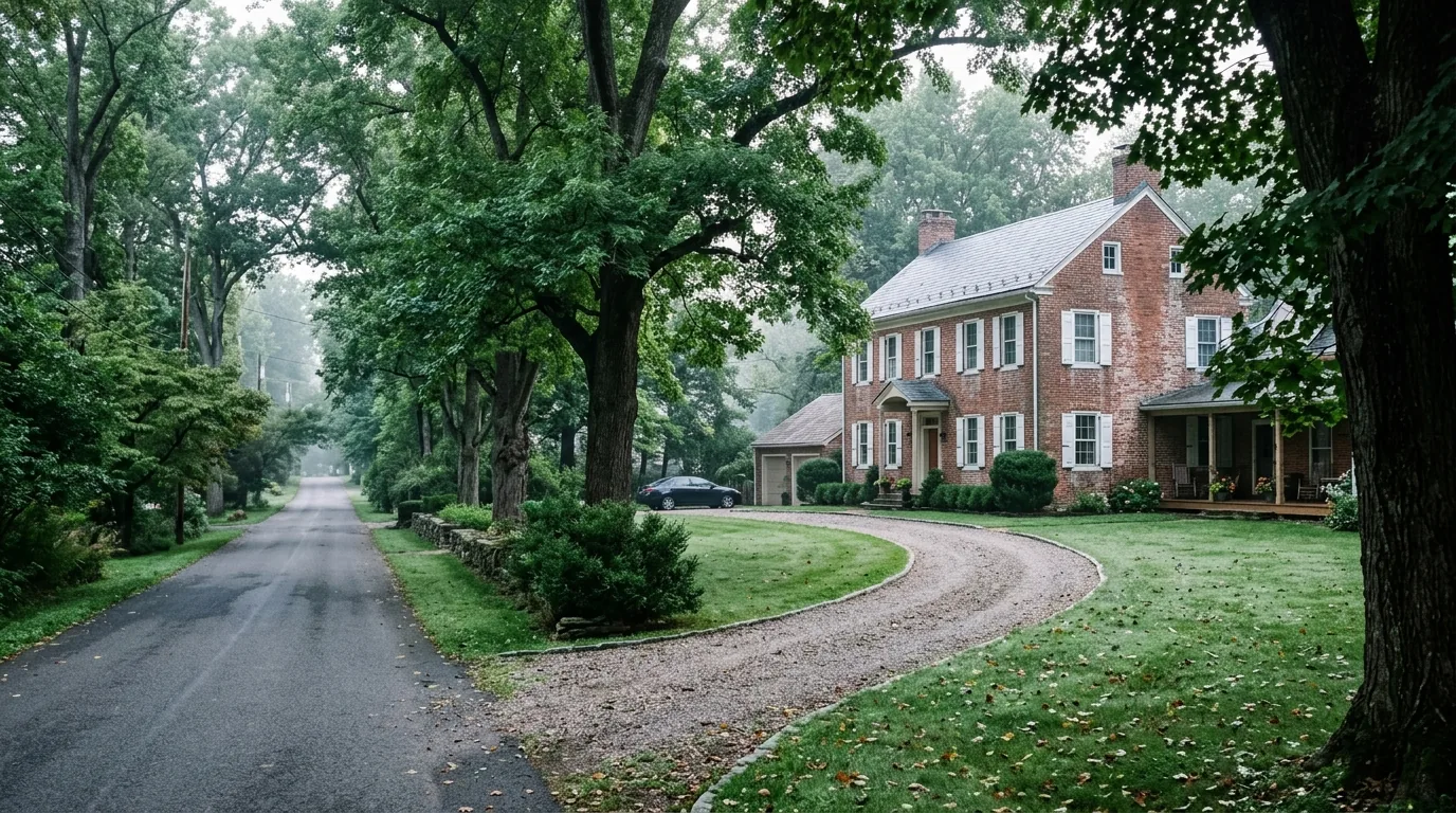 Tree-lined lane with a brick colonial home and long driveway in Ringoes, NJ