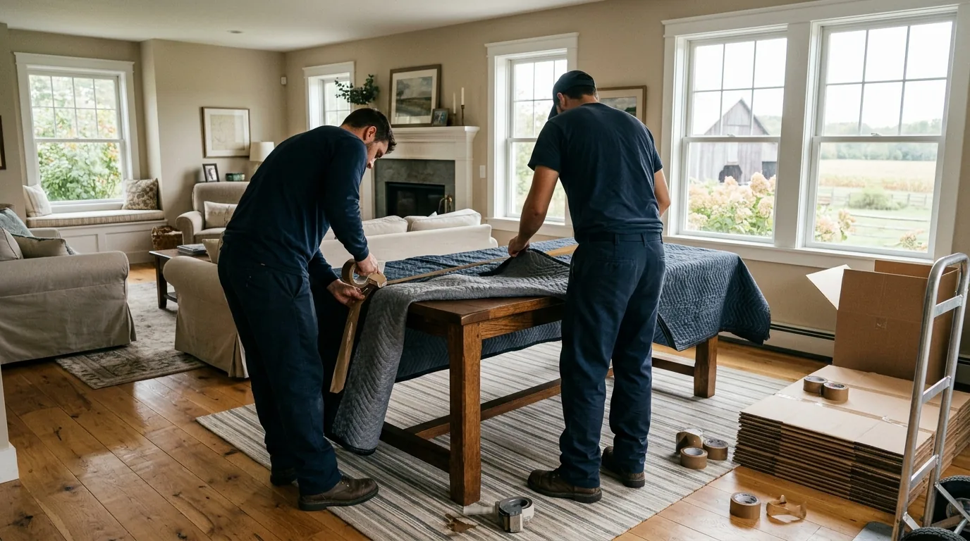Movers wrapping a dining table in padded blankets inside a Ringoes farmhouse