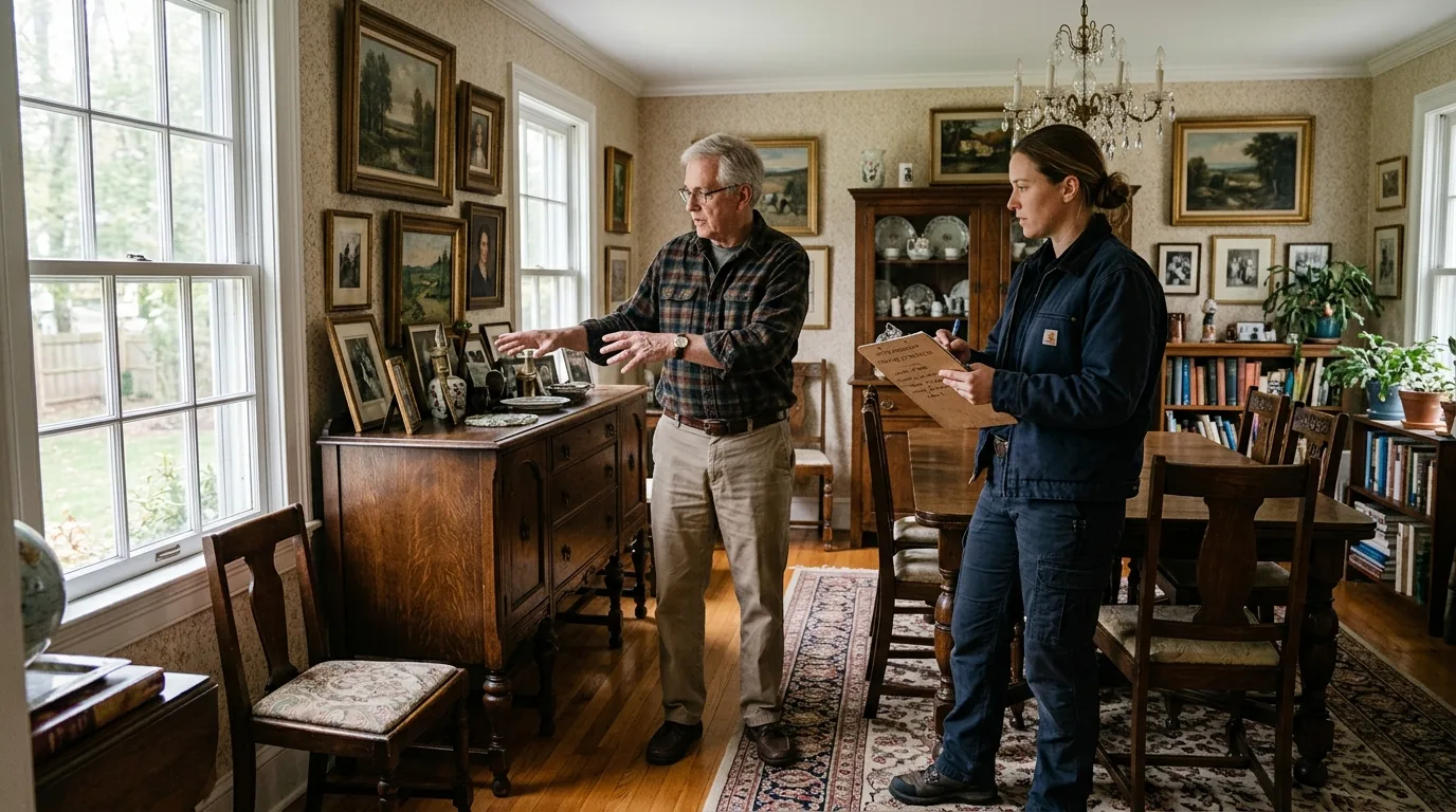 Crew lead with clipboard surveying a colonial dining room during a move walkthrough