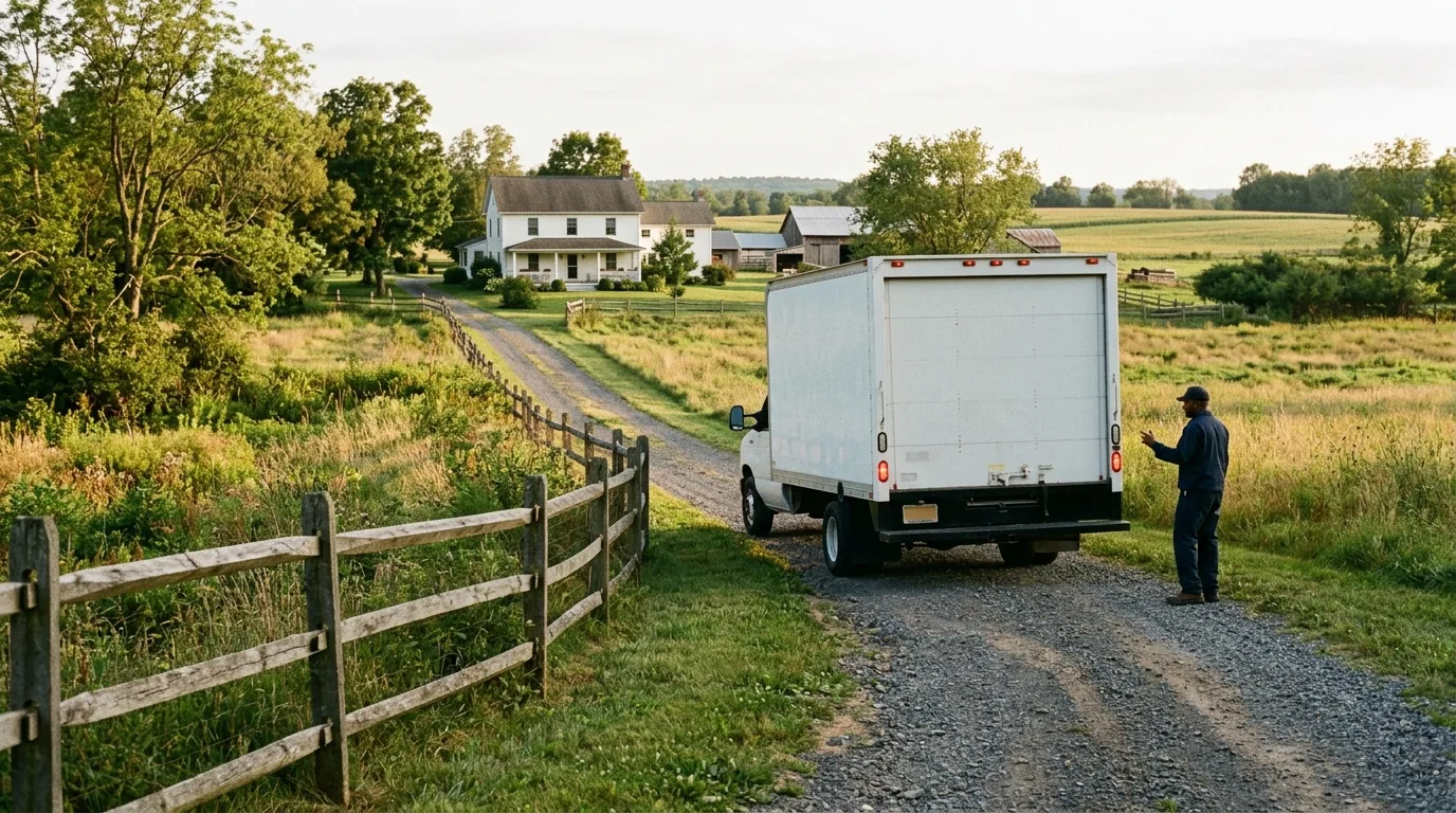Moving truck backing down a long gravel driveway to a farmhouse in Ringoes