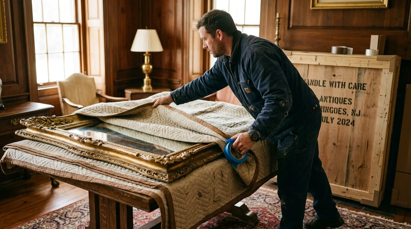 Mover blanket-wrapping an antique mirror beside a wood crate in a Ringoes home