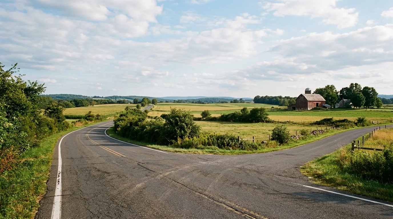Open farmland and winding rural road in Hunterdon County near Ringoes, NJ