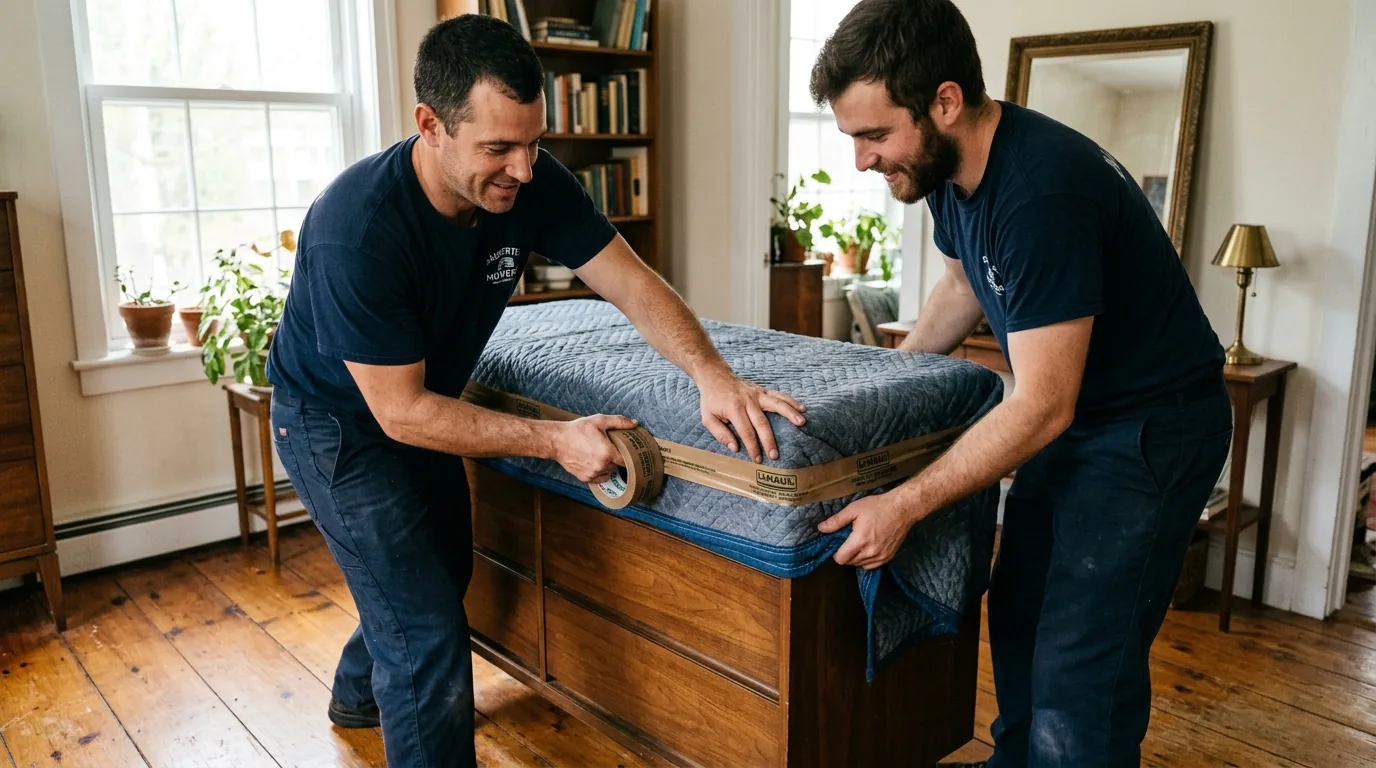 Movers in dark uniforms wrapping a wooden dresser with blankets and tape in a Saugerties home.