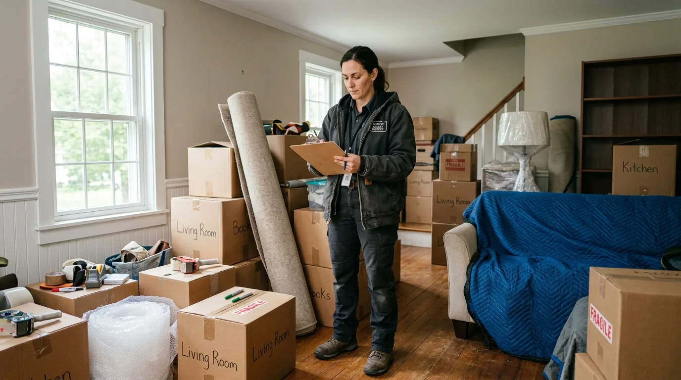 Mover with clipboard reviewing checklist in a Saugerties living room with boxes and a rolled rug.