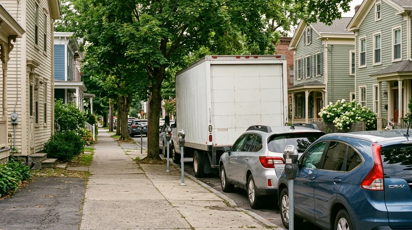 Moving truck parked on a narrow street with older homes and metered parking in Saugerties.