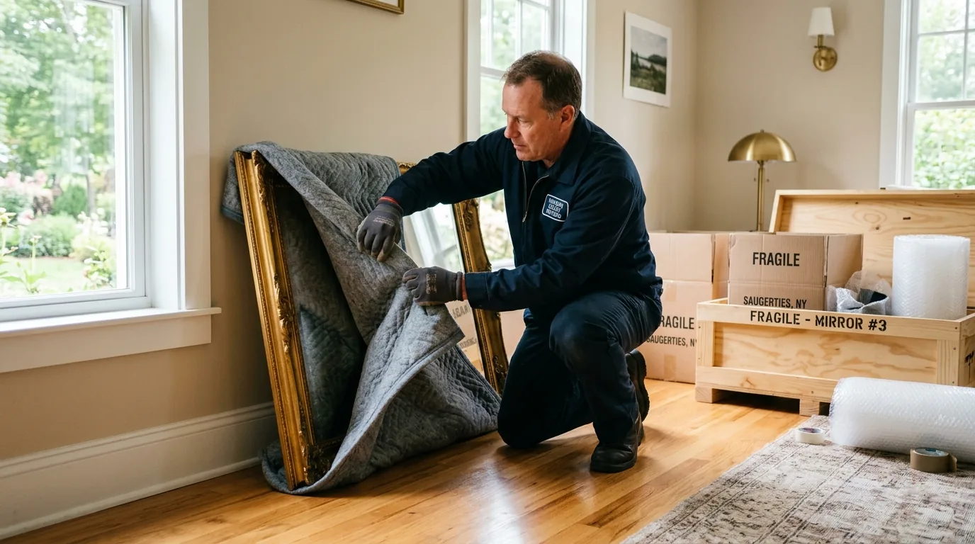 Mover wrapping a large mirror with blankets and preparing a crate in a Saugerties home.