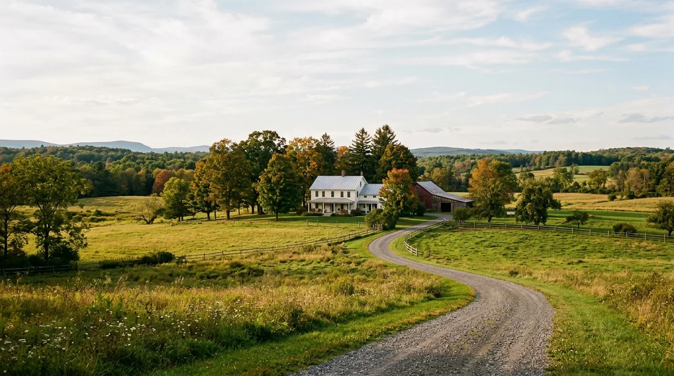 Rural Saugerties farmhouse with gravel drive, open fields, and mature trees in afternoon light.