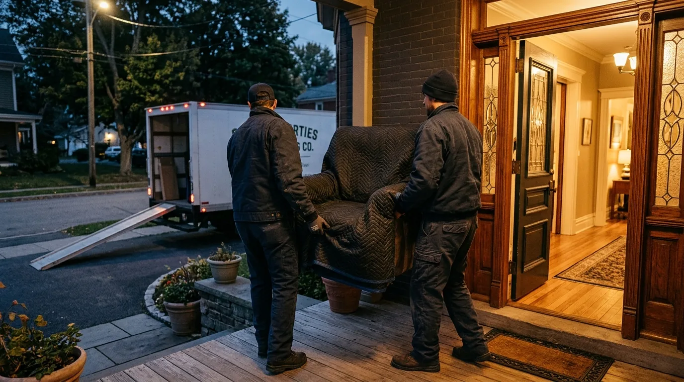 Movers carrying a wrapped chair through a Saugerties home’s doorway toward a moving truck.