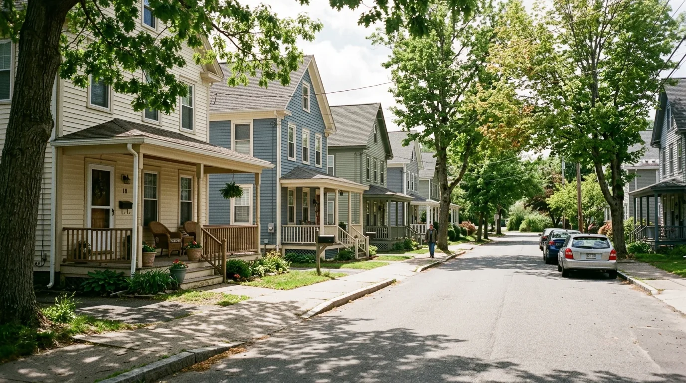 Tree-lined Stafford Springs side street with wood-frame houses and porches.