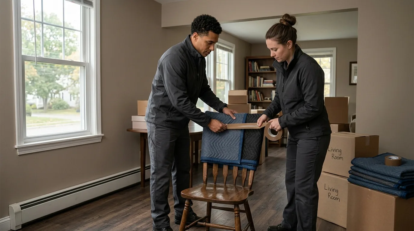Movers wrapping a wooden chair with blankets and tape in a Stafford Springs home.