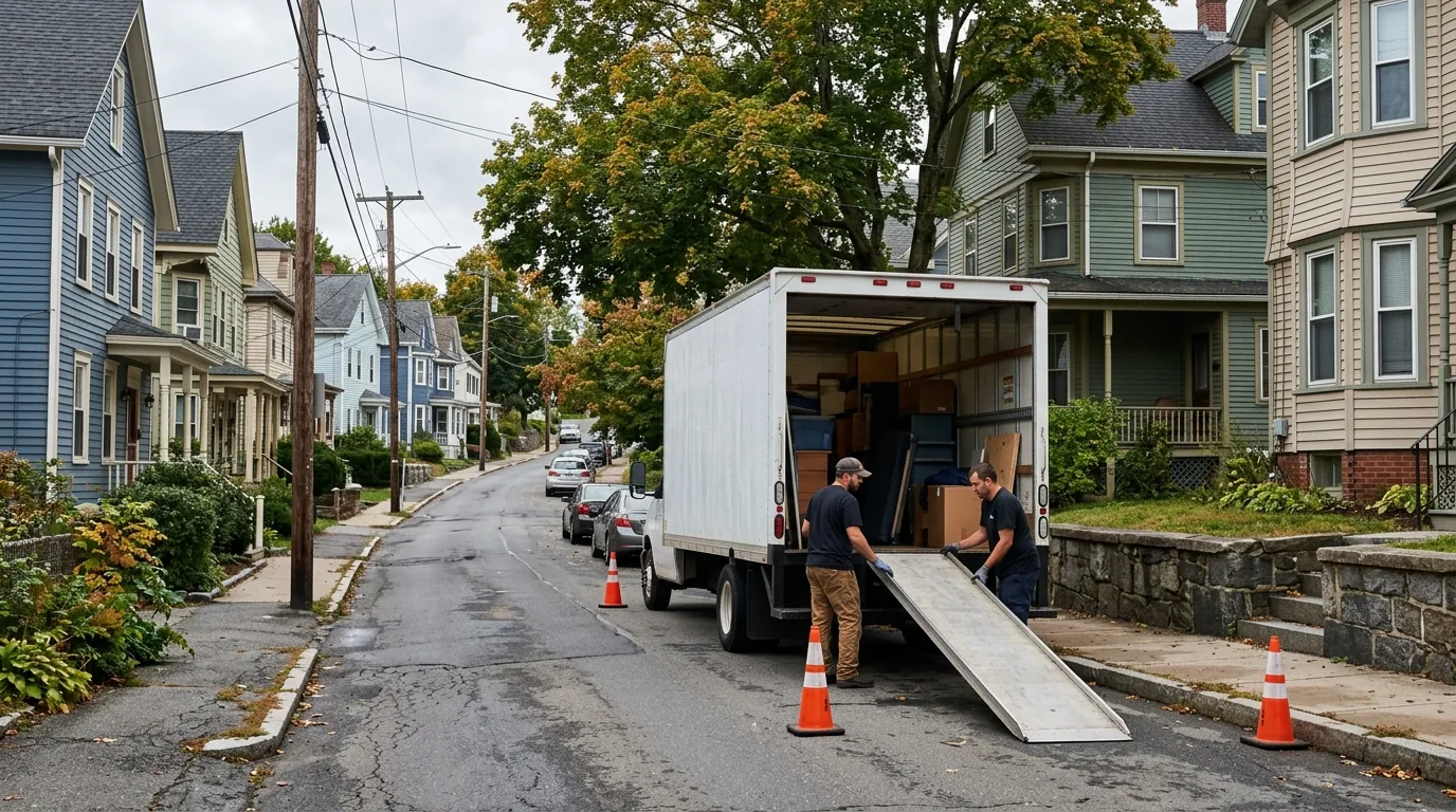 Moving truck on a narrow Stafford Springs street with historic homes and cones.