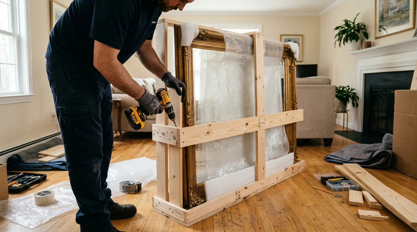 Mover crating a large mirror in a Stafford Springs home with wood and padding.