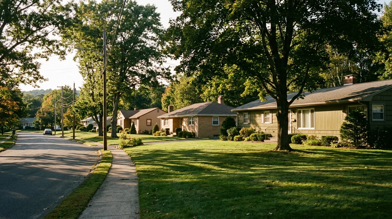 Stafford Springs neighborhood with mid-century ranch homes and wide lawns.