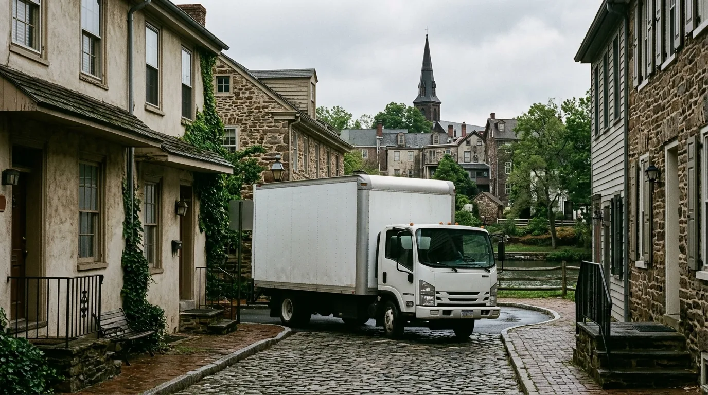 Moving truck staged on a narrow historic street near the canal in Stockton NJ