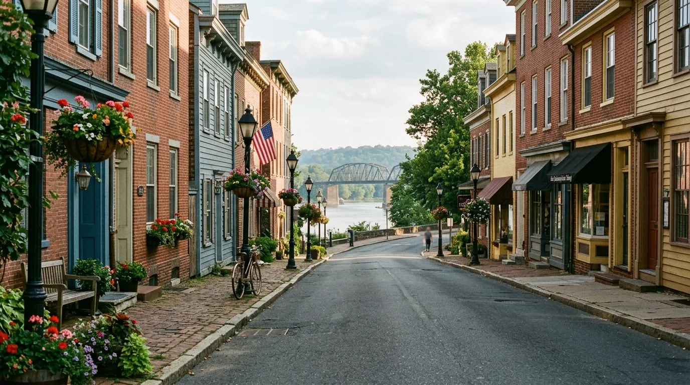 Historic main street in Lambertville NJ near Stockton with the river bridge in the distance