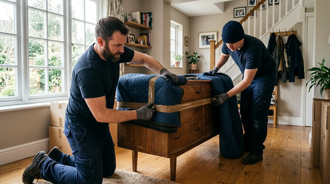 Movers wrapping a wooden dresser with blankets and tape inside a Sussex home.