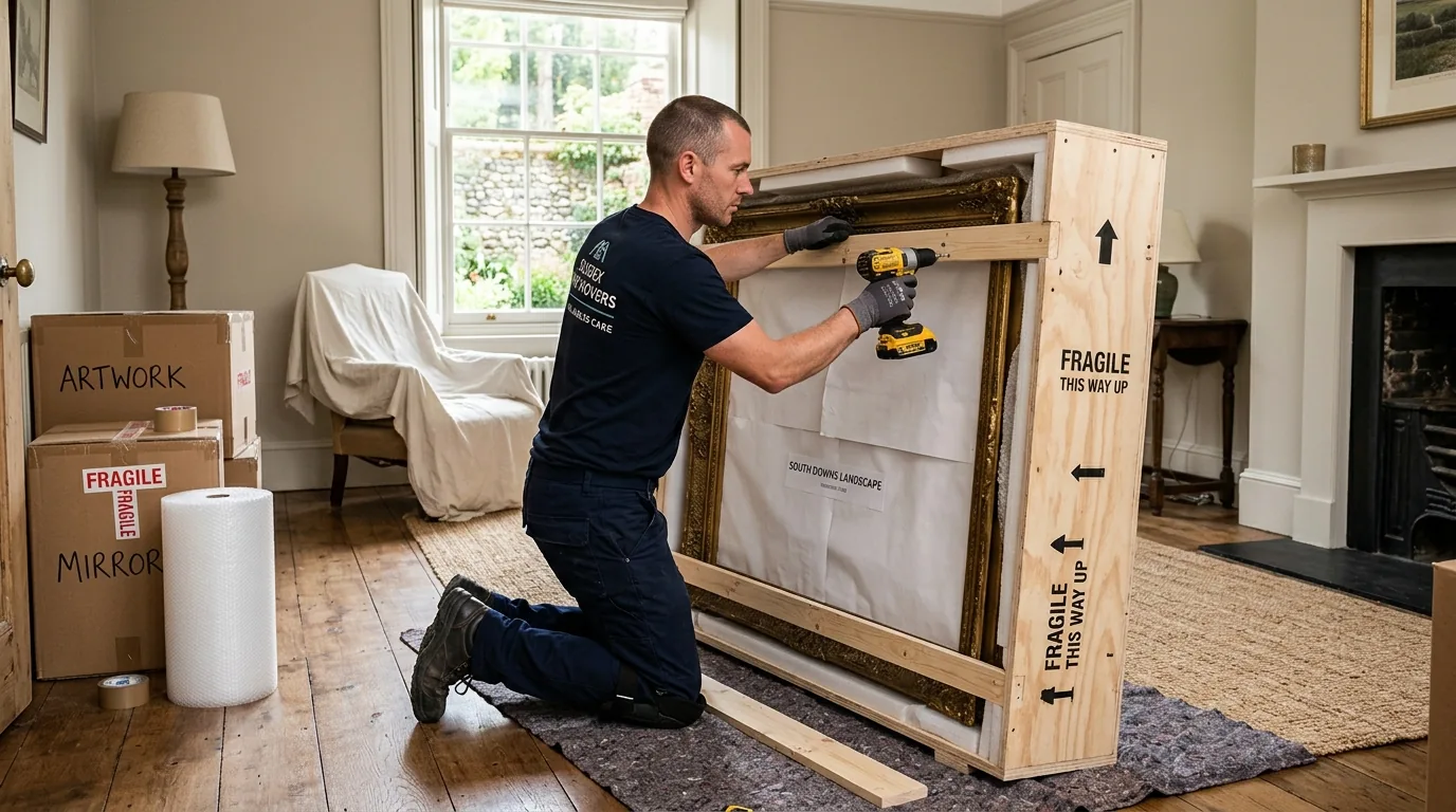 Mover crating a large mirror in a Sussex, NJ home.