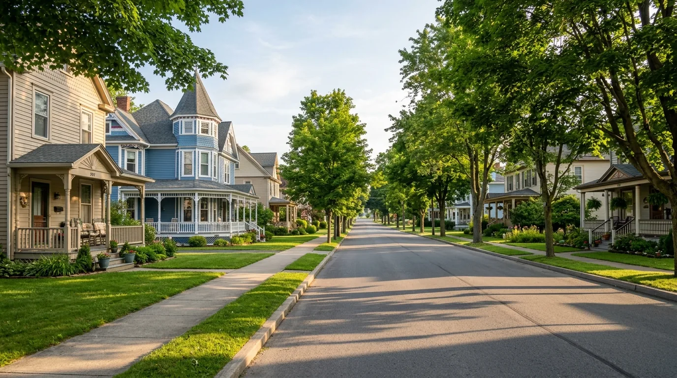Tree-lined street in Towanda, PA with historic Victorian and Colonial homes in morning light.