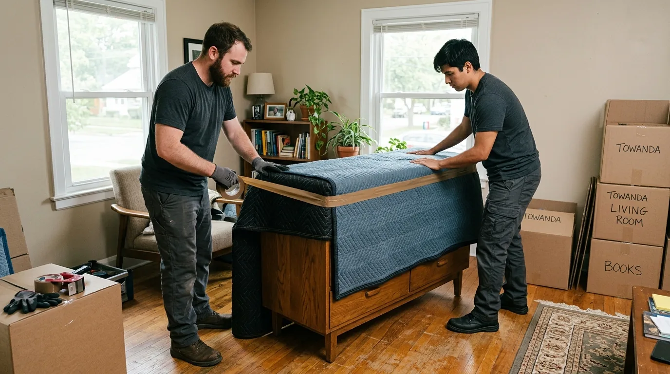 Movers wrapping a wooden dresser with blankets and tape inside a Towanda home.