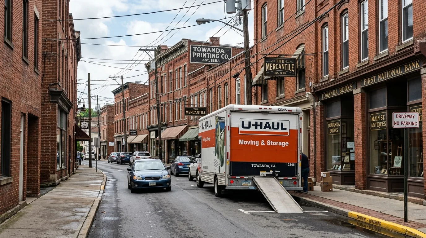 Moving truck parked on a narrow street in downtown Towanda, PA with brick buildings nearby.