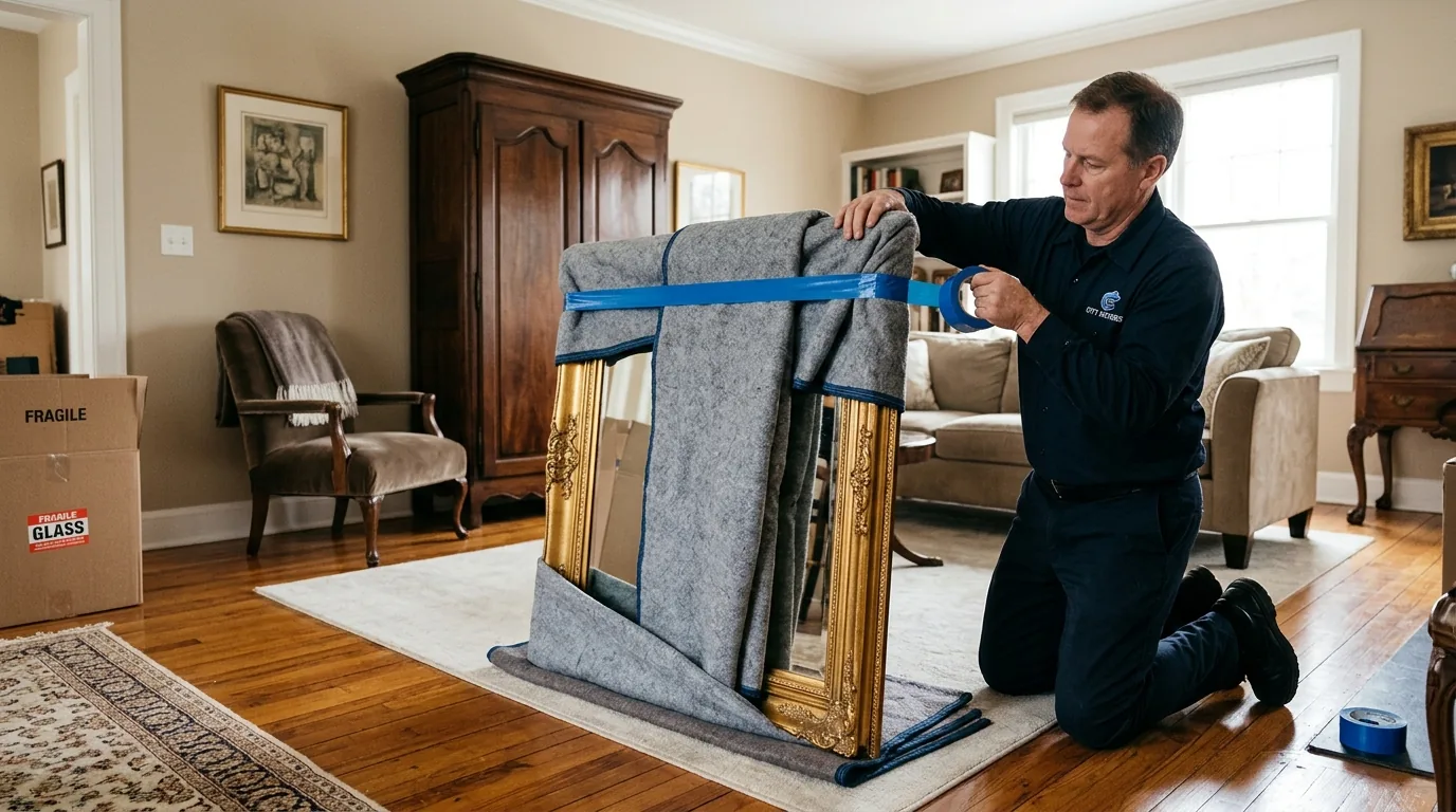 Mover wrapping a large framed mirror with blankets and tape in a Towanda living room.