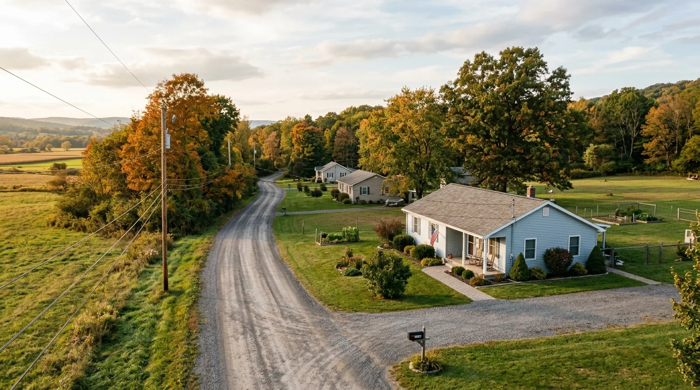 Residential lane on Towanda’s outskirts with single-family homes and large yards.