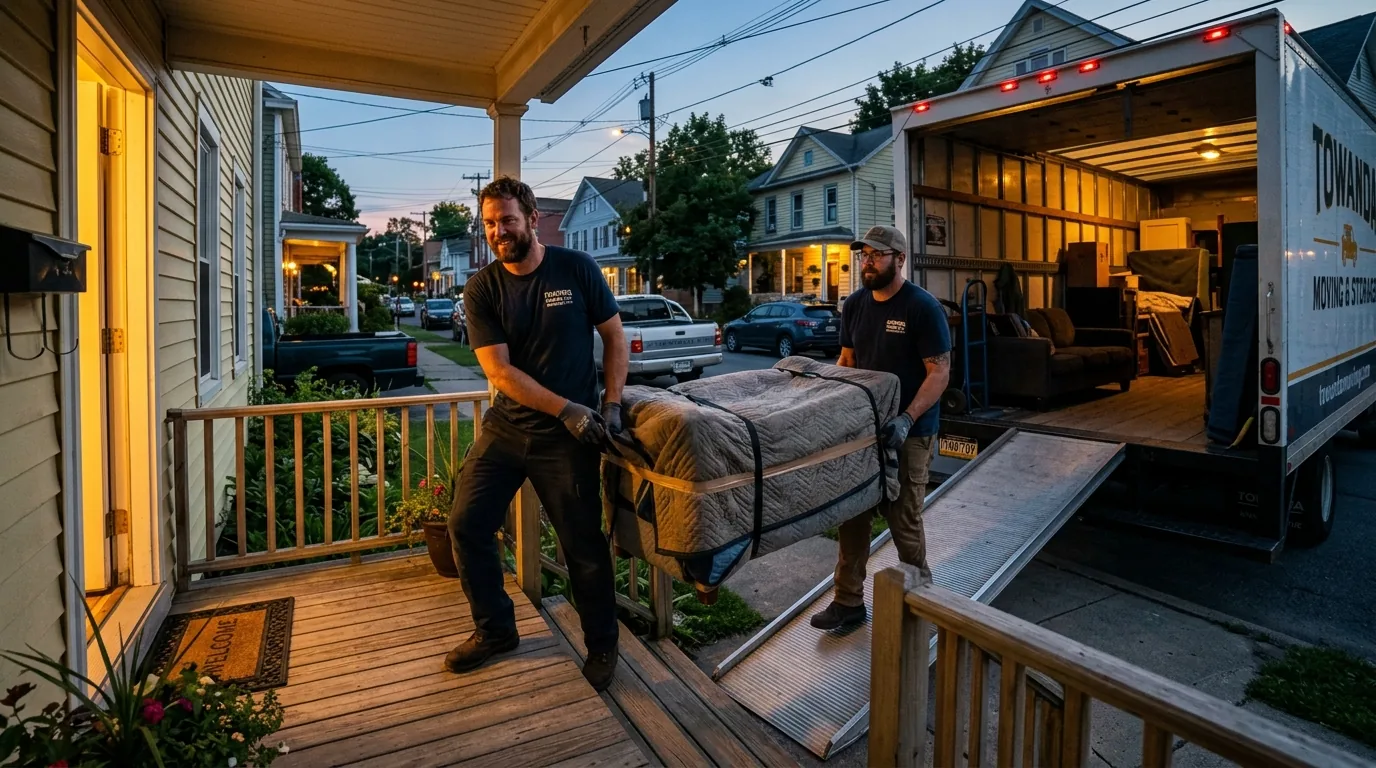 Movers carrying a wrapped furniture piece into a truck at dusk on a Towanda street.