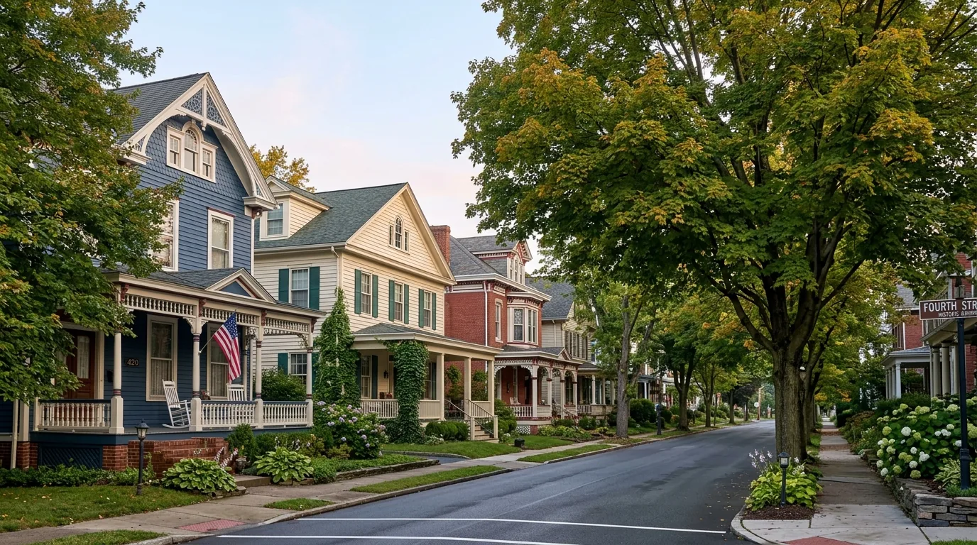 Tree-lined Williamsport street with historic Victorian and colonial homes in morning light.