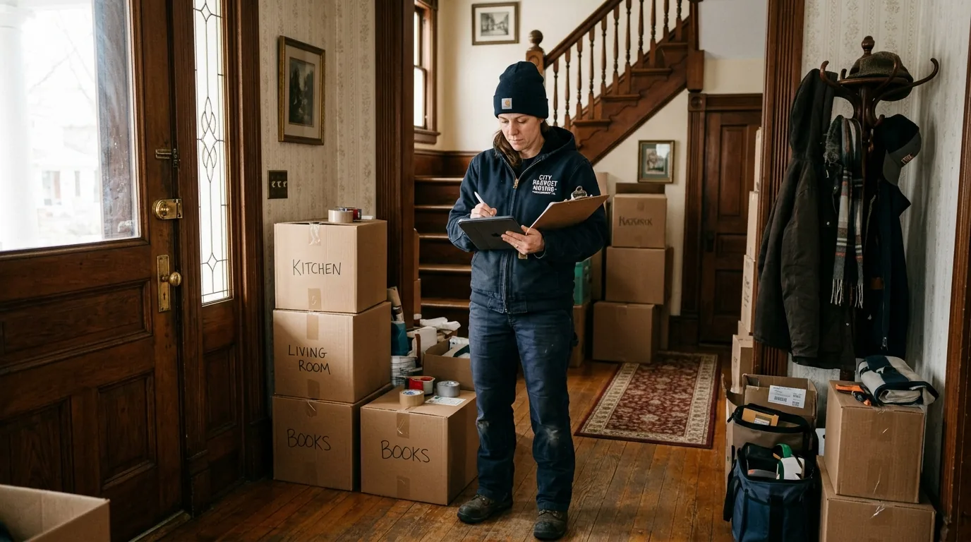 Mover with clipboard planning a move in a Williamsport home entryway.