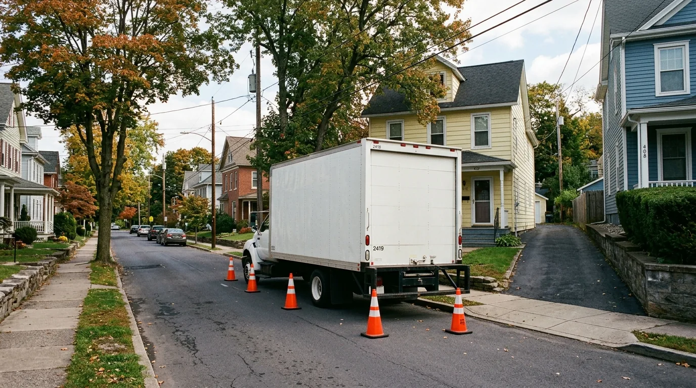 Moving truck staged on a narrow Williamsport street with cones and older homes.