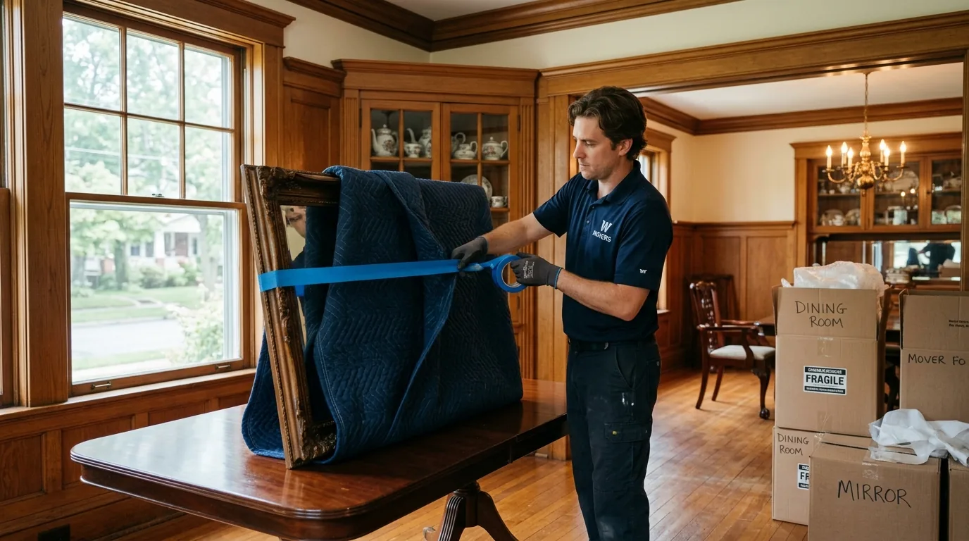 Mover wrapping a large mirror with blankets in a Williamsport dining room.