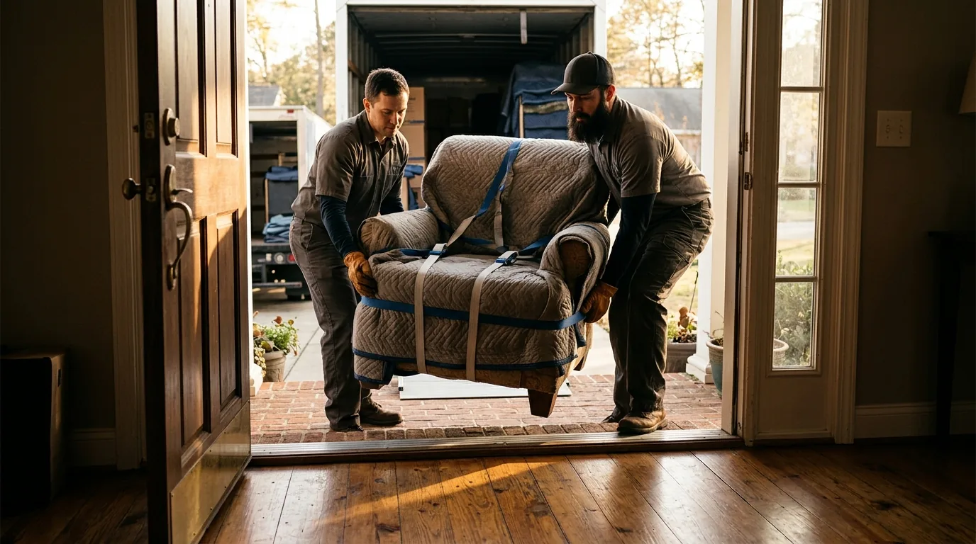 Movers carrying a wrapped armchair out the door toward a moving truck in Williamsport.